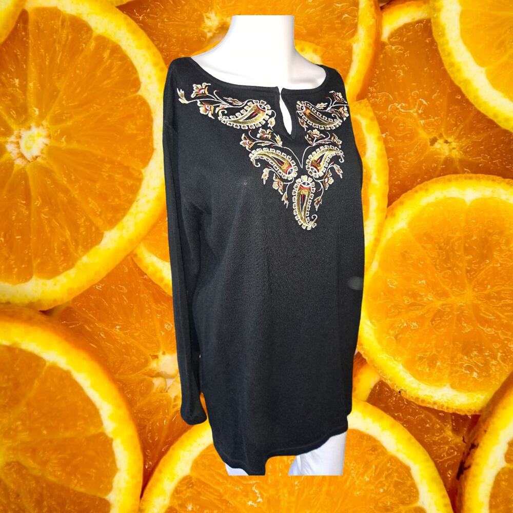 Bob‎ Mackie Black with Yellow Paisley Long Sleeve Lightweight Sweater